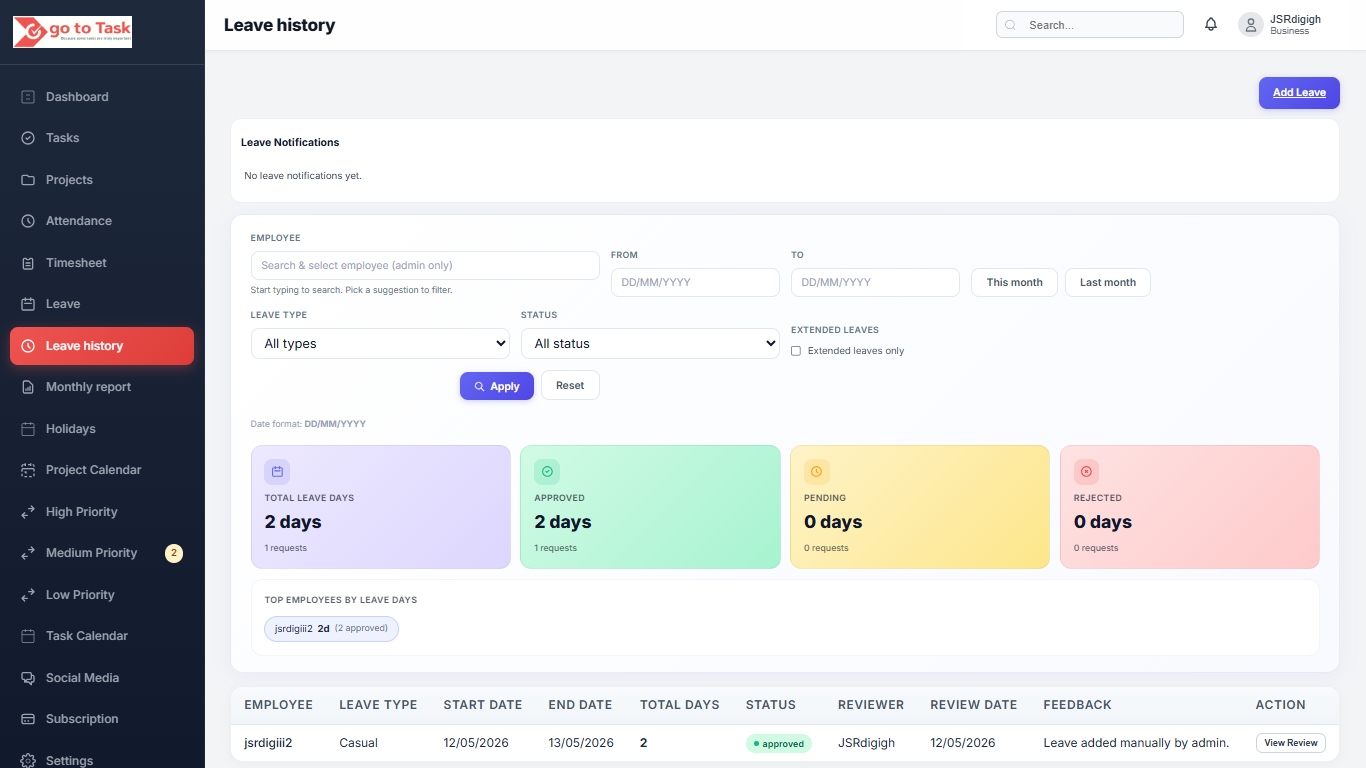 GoToTask complete leave history and balances dashboard