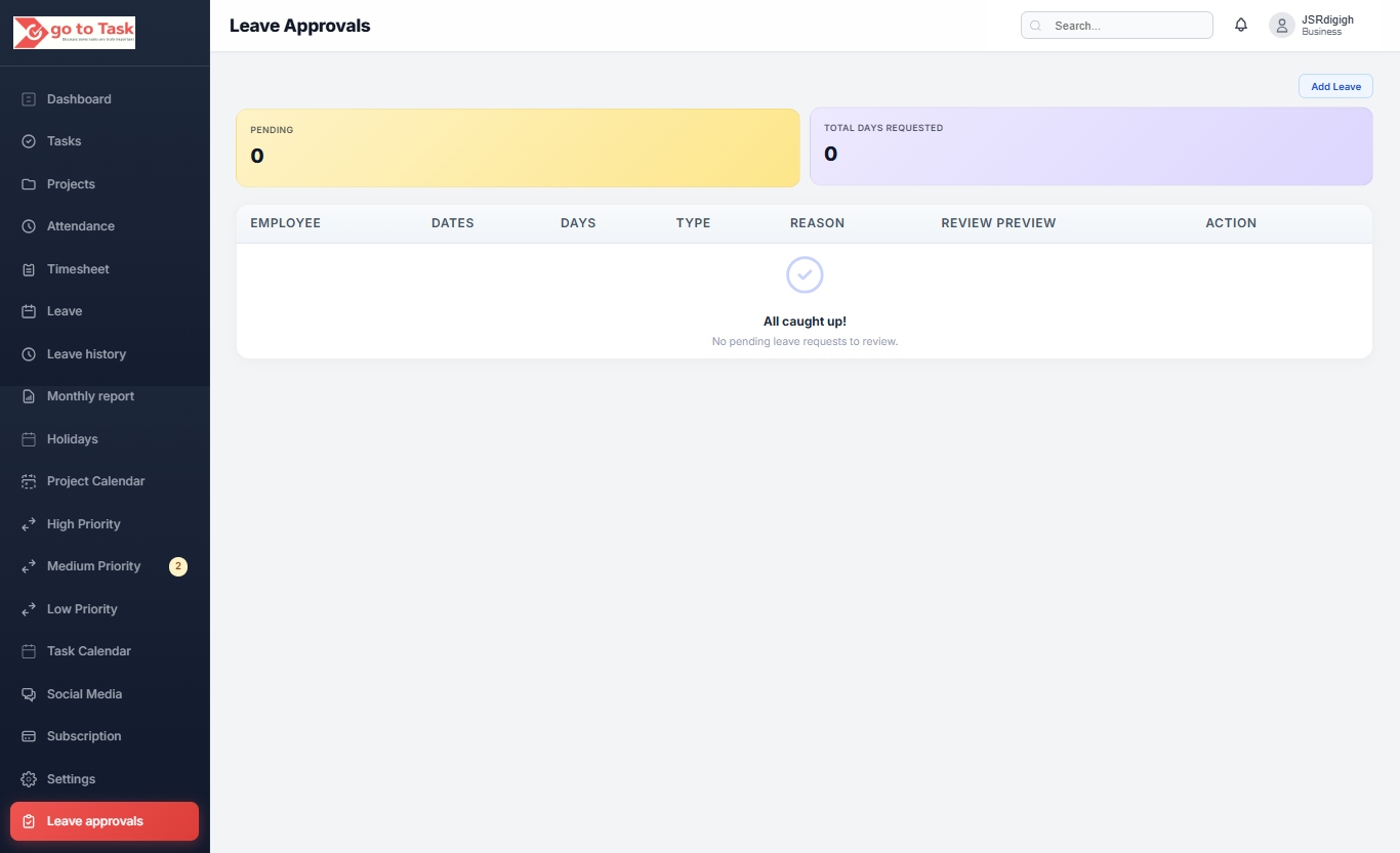 GoToTask leave approval tracking dashboard