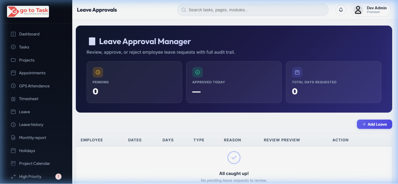 GoToTask leave approval tracking dashboard