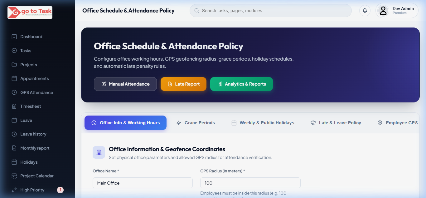 GoToTask office schedule configuration and policy setup interface