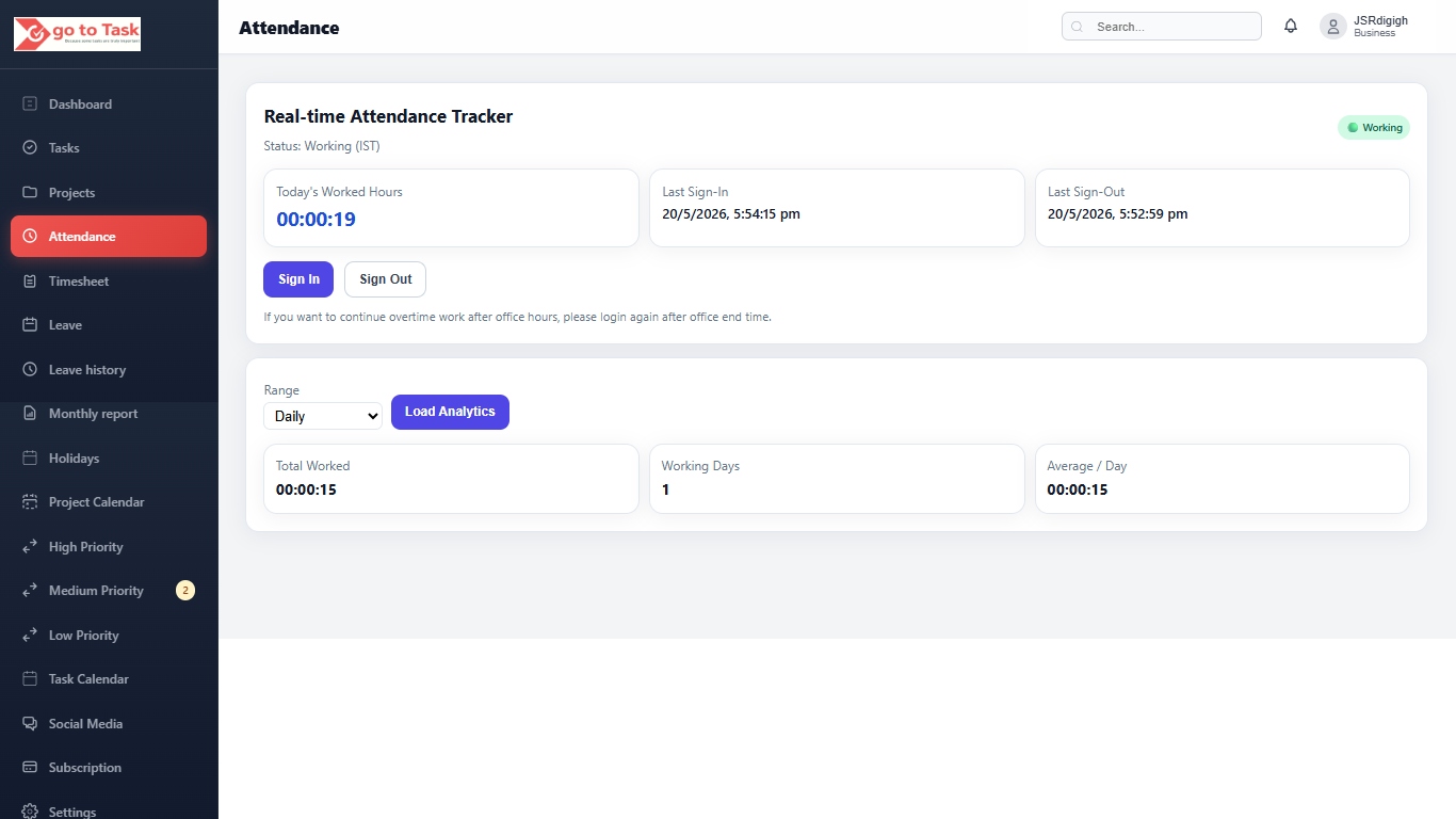 GoToTask real-time attendance tracking dashboard