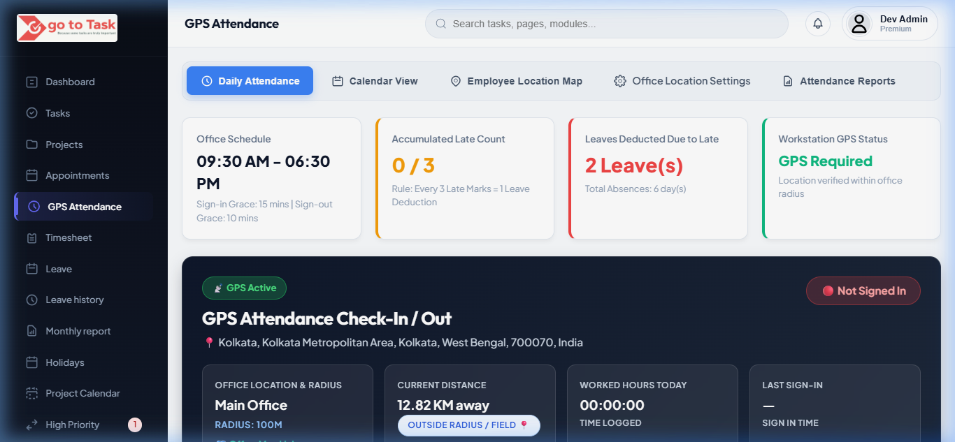 GoToTask real-time attendance tracking dashboard