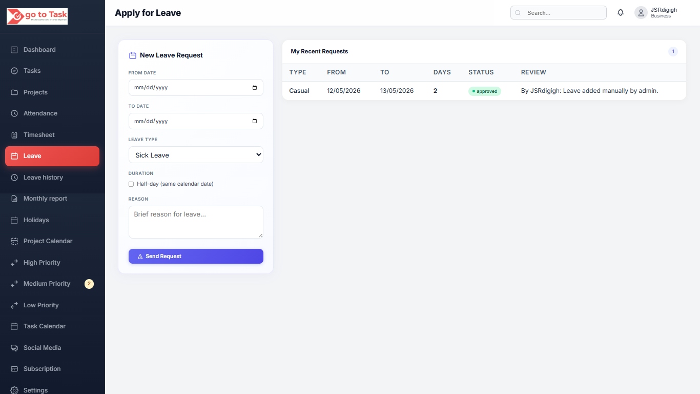 GoToTask digital leave request and manager approval screen