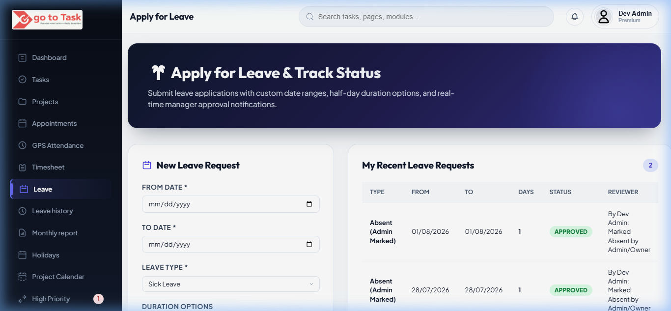GoToTask digital leave request and manager approval screen