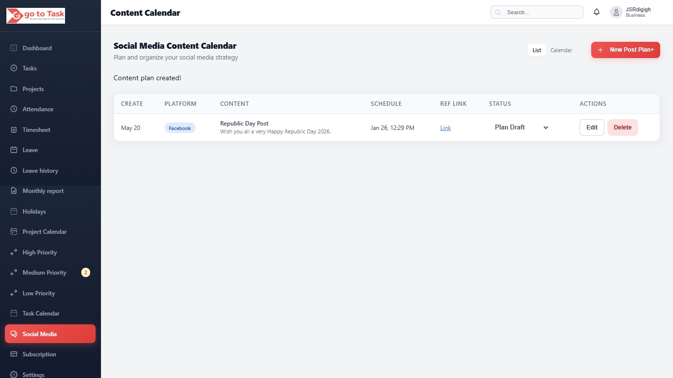 GoToTask social media campaign content calendar planner