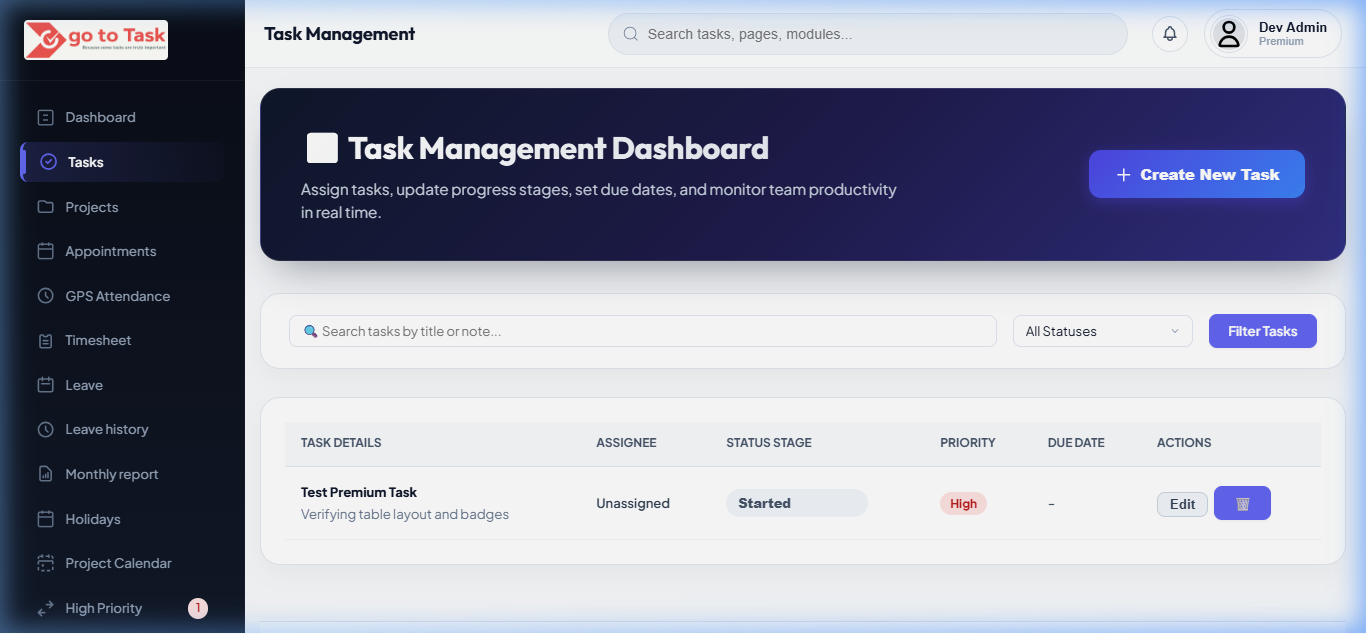 GoToTask task addition and task list management interface
