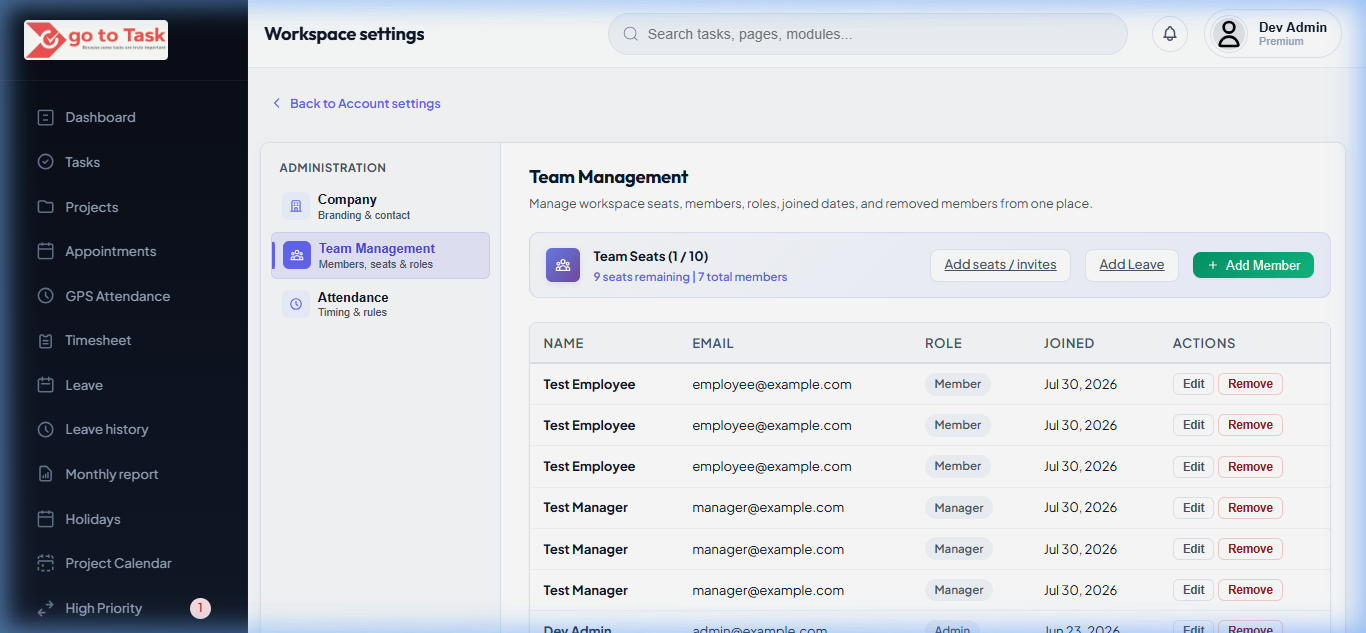 GoToTask team management and role permissions panel